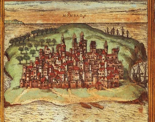 Mapa de Mombaça, Quênia, de Civitates Orbis Terrarum de Georg Braun e Franz Hogenberg, gravura