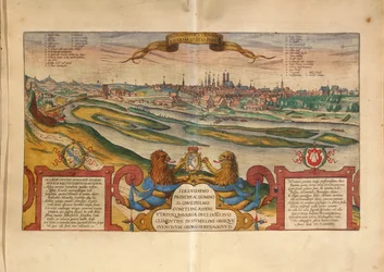 Mapa de Munique, Alemanha, de Civitates Orbis Terrarum, de Georg Braun