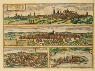 Mapa de Nuremberga, Ulm, Salzburgo e Lindau do Civitates Orbis Terrarum, de Georg Braun