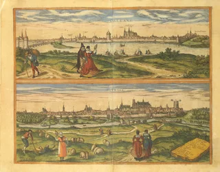 Mapa de Orleans e Bourges de Civitates Orbis Terrarum por Georg Braun
