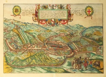 Mapa de Serravalle Scrivia, região Piemonte de Civitates Orbis Terrarum, de Georg Braun