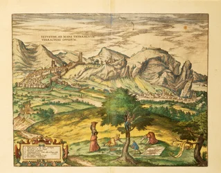 Mapa de Terracina, região do Lazio de Civitates Orbis Terrarum, de Georg Braun