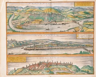 Mapa de Trier, Koblenz e Rothenburg ob der Tauber do Civitates Orbis Terrarum, de Georg Braun