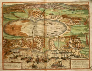 Mapa de Tunis, Tunísia, de Civitates Orbis Terrarum de Georg Braun e Franz Hogenberg, gravura