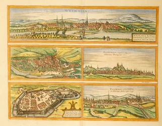 Mapa de Weimar, Jena, Erfurt, Gotha e Fulda do Civitates Orbis Terrarum, de Georg Braun