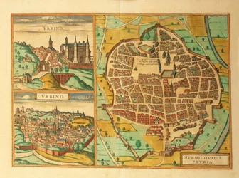 Mapas das regiões Urbino e Sulmona, Abruzzo e Marches, Itália, de Civitates Orbis Terrarum, de Georg Braun