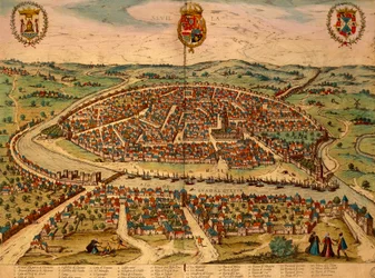 Espanha, Sevilha, Vista da cidade, gravação a cores de Civitates Orbis Terrarum de Georg Braun (1541-1622) e Franz Hogenberg (1535-1590)