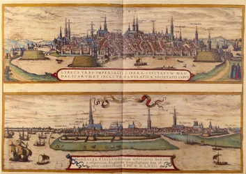 Na vista superior da cidade de Lubeck, abaixo da cidade de Hamburgo, na Alemanha. Gravura do Atlas de "Braun e Hogenberg" 1572