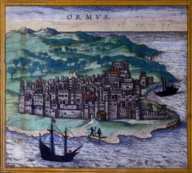 A ilha iraniana de Ormuz ou Hormuz na rota para os Índios após o Atlas "Civitates Orbis Terrarum" de Braun e Hogenberg