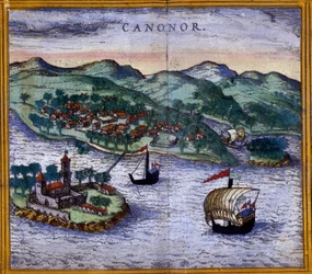 Vista da Canonor (ou Cannanore) na Índia de uma edição de "Civitates Orbis Terrarum" de Braun e Hogenberg