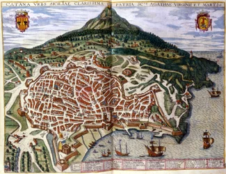 Vista de Catania e Etna na Sicília. Atlas da Braun & Hogenberg. 1585, Amesterdão.