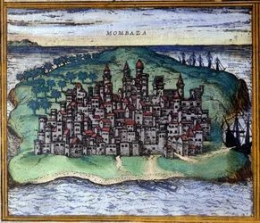Vista de Mombaça ou Mombassa, Quênia no século XVI, quando a cidade foi ocupada pelos portugueses depois do Atlas "Civitates Orbis Terrarum" de Braun e Hogenberg