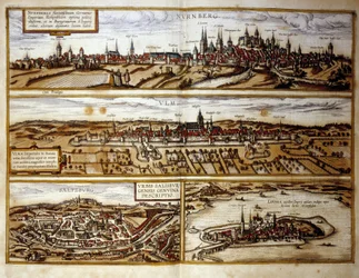 Vista das cidades alemãs de Nuremberga e Ulm, Salzburgo, Áustria. Gravura a partir do Atlas de "Braun e Hogenberg" 1572