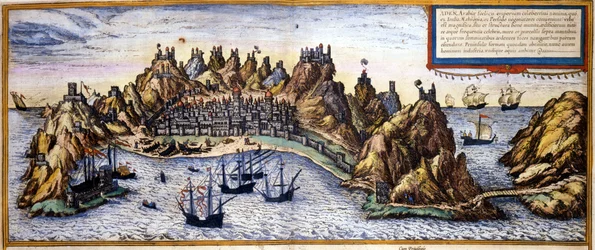 Vista da cidade de Aden no Iêmen a partir do Atlas "Civitates Orbis Terrarum" de Braun & Hogenberg