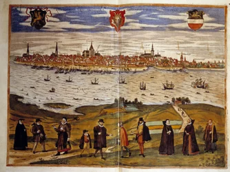 Vista da cidade de Roztock, Alemanha. Gravura a partir do Atlas de "Braun e Hogenberg" 1572