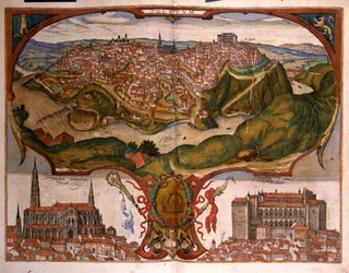 Vista da cidade de Toledo, no século XVI. Gravura de George Braun em "Civitatis Orbis Terrarum" Volume I escrito por Franz Hogenberg (1535-1590)