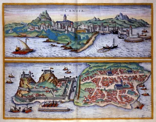 Vista do porto de Candie (actual Heraklion) em Creta e do porto de Corfu na Grécia Gravura de George Braun em "Civitatis Orbis Terrarum" Volume I escrito por Franz Hogenberg (1535-1590)