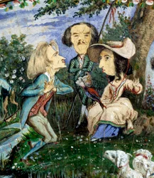 Fã de caricaturas pintadas em guache por George Sand (Aurore Dupin, Baronne Dudevant) (1804-1876) e Auguste Charpentier (1815-1880): detalhe retratando a mulher das letras George Sand, rodeada por Eugene Delacroix (centro) e Franz Liszt. Século XIX