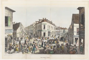 The Five Points, Junction of Baxter, Worth and Park Streets, Nova Iorque (gravura colorida à mão)