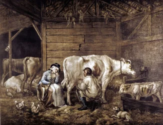 O mezzotint do Cowshed depois de George Morland (1763-1804) Artista inglês. Leite de vaca em balde. A ordenhadora espera, segurando o jugo no qual os baldes eram transportados. Feno loft: Lanterna: galinhas. As ordenhadoras "bonitas" porque não marcadas pe