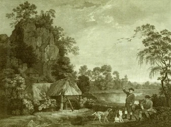 Dois Cavalheiros a Disparar, com Vista de Creswell Crags, Tirada na Hora, Placa 1 (gravura)