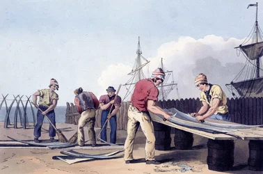 Pescadores raspando e limpando os restos de baleias de "The costume of Yorkshire", gravado por Robert Havell (1769-1832) 1814 (litografia).
