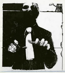Ilustração para Enfermagem de um Paciente Cego um artigo no Nursing Times, publicado em 30 de outubro de 1975 (tinta em acetato)