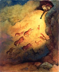 Sr. Punch como um explorador de cavernas dando aos animais em Lascaux um susto, comissão inédita de Punch, 1968 (guache sobre hardboard)