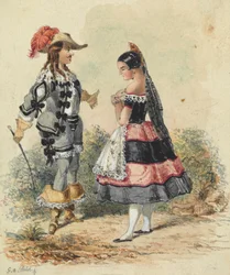 Cavaleiro e criada em traje espanhol