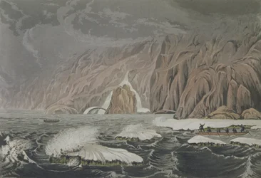 Expedição dobrando Cape Barrow, 25 de julho de 1821, da narrativa de uma viagem às margens do Mar Polar nos anos 1819-22 por Sir John Franklin (1786-1847) gravada por Edward Finden (1791-1857) pu
