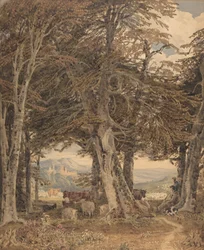 Gado e ovelha descansando na beira de uma floresta, c. 1840.