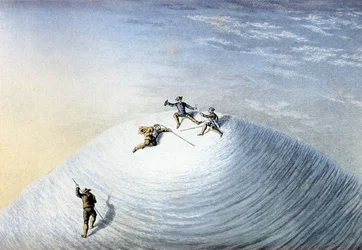 A subida do Monte Branco por Albert Smith em 1851 (gravura a cores)