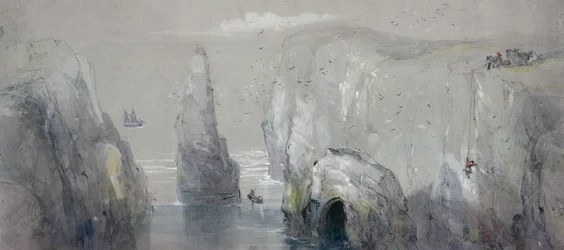 Vista da cabeça de Flamborough, mostrando um grupo de homens reunindo ovos de gaivota