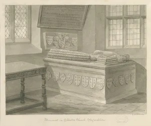 Igreja Ellastone - Monumento a Sir John Fleetwood: desenho em sépia, 1841
