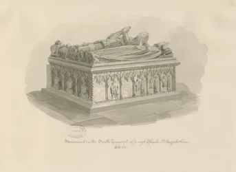 Igreja Leigh - Monumento de Sir John Aston: desenho em sépia, 1841