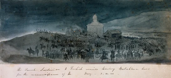 Os exércitos francês, da Sardenha e da Turquia deixando as linhas de Balaklava para um reconhecimento, 1854 por volta de