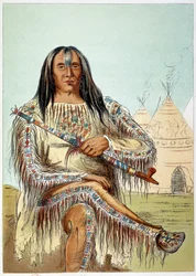 Índios americanos: Retrato de um líder da tribo Blackfoot (pés pretos) com cerca de 50 anos. Ilustração de George Catlin (1794-1872)