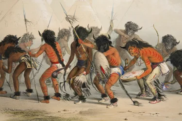 Detalhe da dança do búfalo, pub. Litografia colorida de 1845.