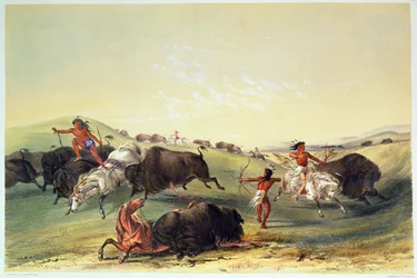 Buffalo Hunt, placa 7 da coleção indiana norte americana de Catlin, gravada por McGahey, dia e Haghe