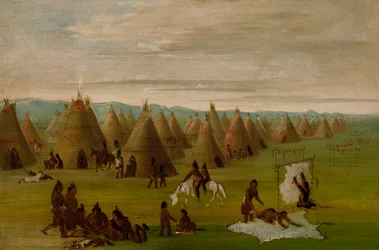 Aldeia Comanche, Mulheres Vestindo Vestes e Secando Carne, 1834-1835.