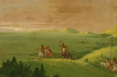 Partido de Guerra Comanche, Chefe Descobrindo o Inimigo e Incitando seus Homens ao Nascer do Sol, 1834-1835.