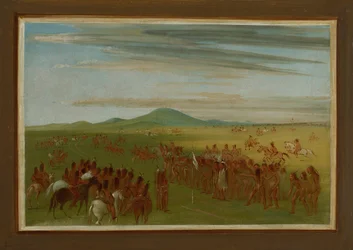 Corrida de cavalos numa pista atrás da aldeia de Mandan