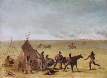 Família indiana alarmada com a aproximação de um incêndio na pradaria, 1846-1848.