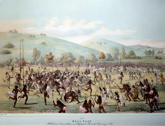 Indian of America: um jogo de bola em uma tribo de Red Skins. Impressão de George Catlin (1794-1872) Colecção Privada do século XIX
