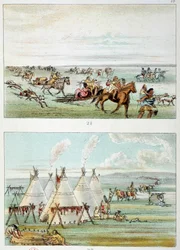Índios da América: (topo) tribo movendo-se com peles para venda. (Inferior) tribo de 500 a 600 tipi. Ilustração de George Catlin (1794-1872)