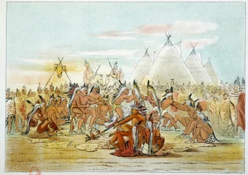 Índios da América: Tribo Assiniboin parecida com a dança de cachimbo dos Sioux. Ilustração de George Catlin (1794-1872)
