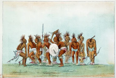 Índios da América: A tribo Black Hawk a dançar mendigo para turistas. Ilustração de George Catlin (1794-1872)