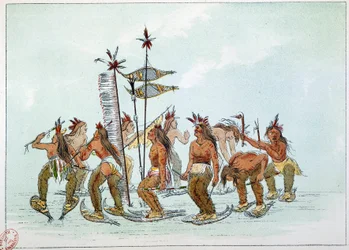 Índios da América: A dança do sapato de neve na tribo Chippeway. Ilustração de George Catlin (1794-1872)