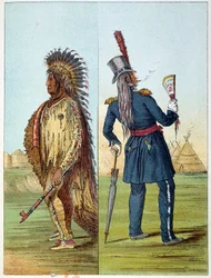 Índios da América: índios assiniboin vetu no exército em seus bolsos duas garrafas de wisky. Ilustração de George Catlin (1794-1872)