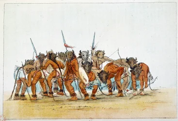 Índios da América: Encontro de guerreiros Mandans com os seus trópicos de cabeça de búfalo na cabeça. Ilustração de George Catlin (1794-1872)